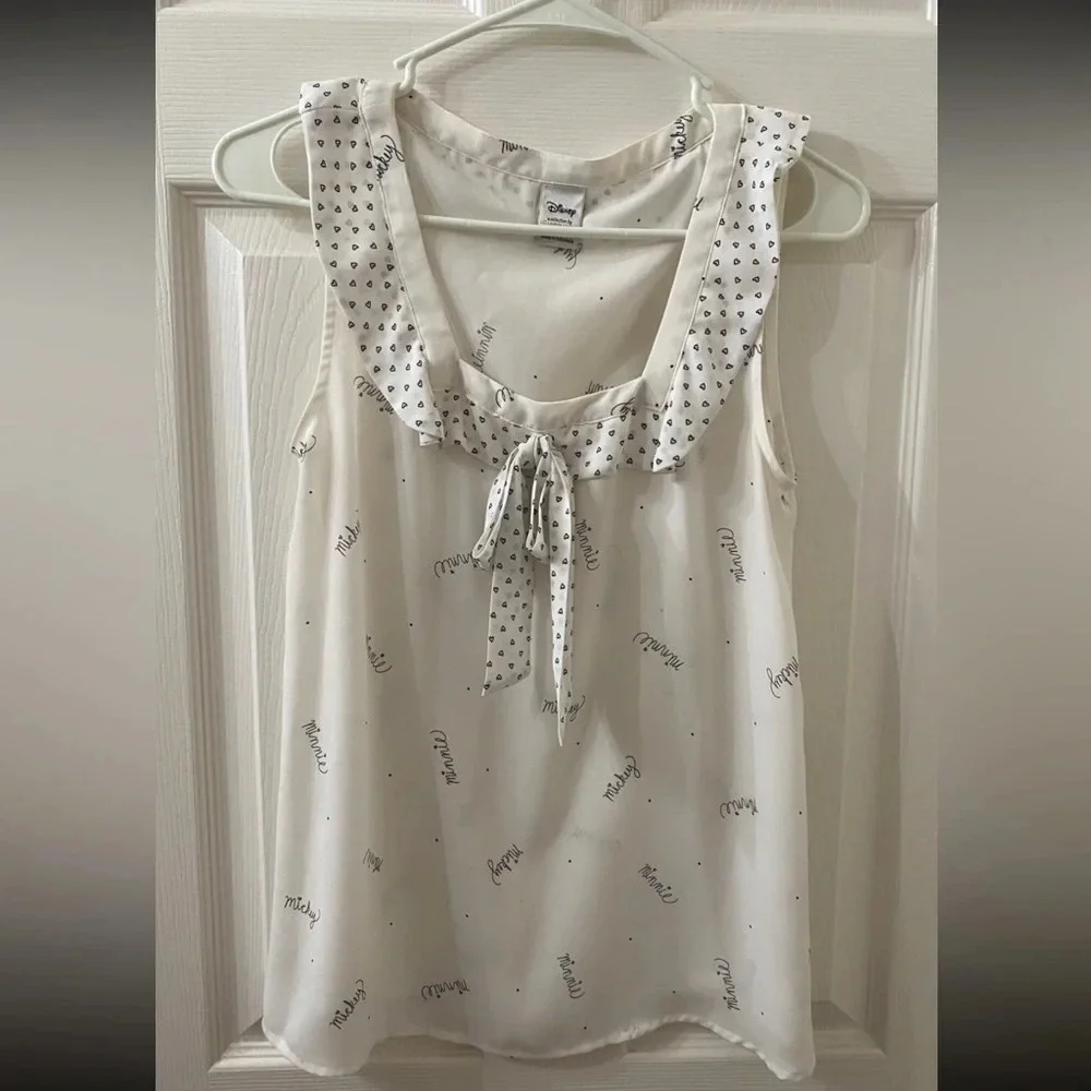 LC Lauren Conrad Disney White Sleeveless XS Blouse Bow & Minnie Mickey
